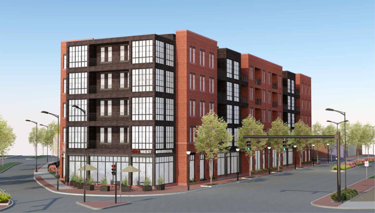 Architectural rendering of a new apartment building at a street corner