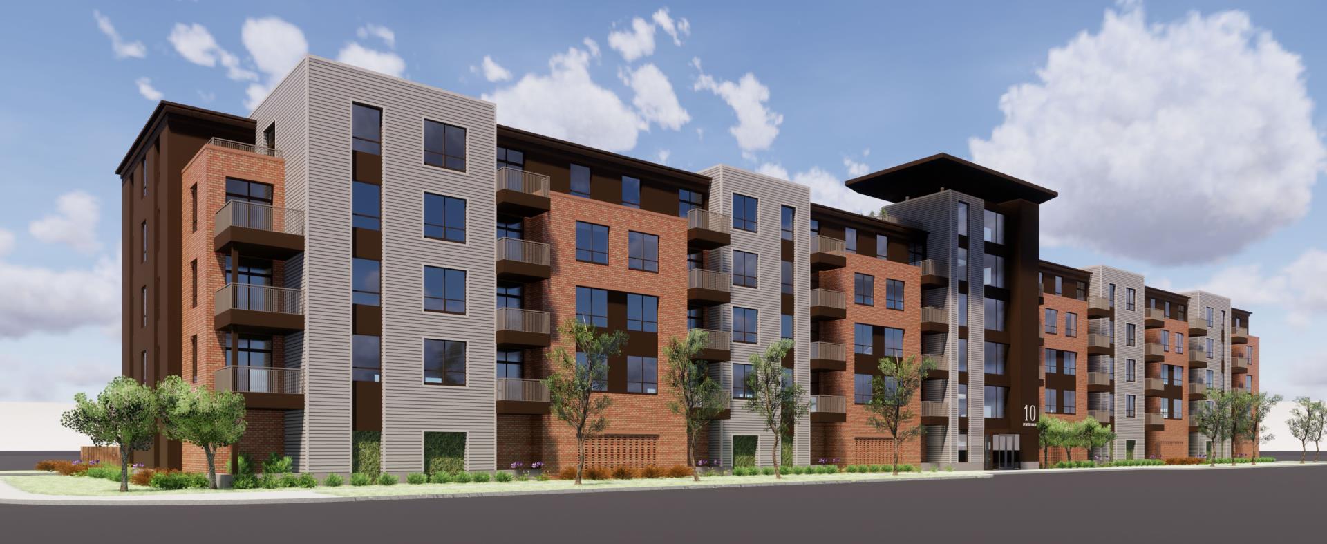 Architectural rendering of an apartment building's exterior