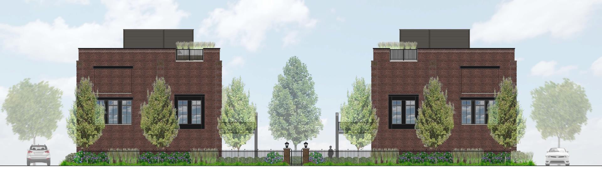 Rendering of two buildings with trees in the foreground